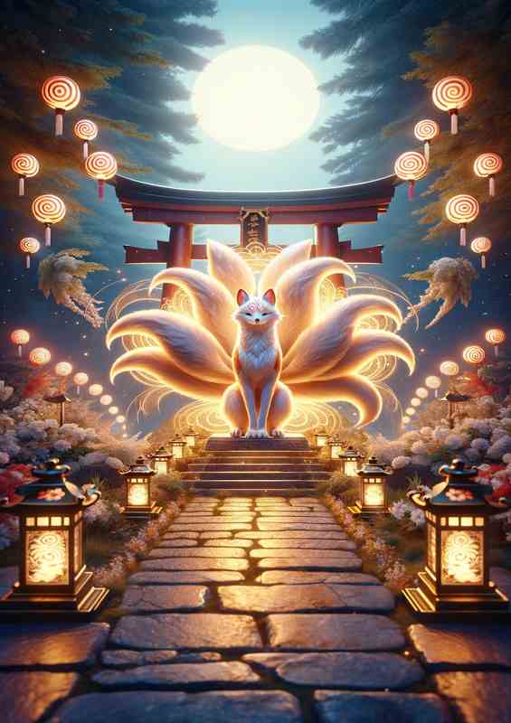 Divine Kitsune Shrine with multiple tails | Metal Poster