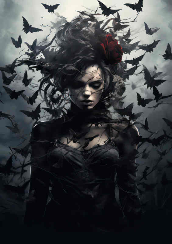 Female zombie surrouded by bats | Metal Poster