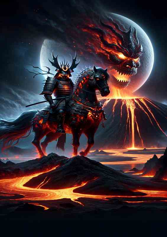 Fiery Samurai Spirit Overlooking Crater | Metal Poster