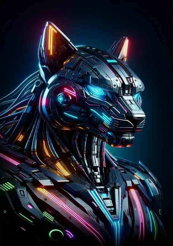 Futuristic Mechanical Tiger with Neon Accents | Metal Poster