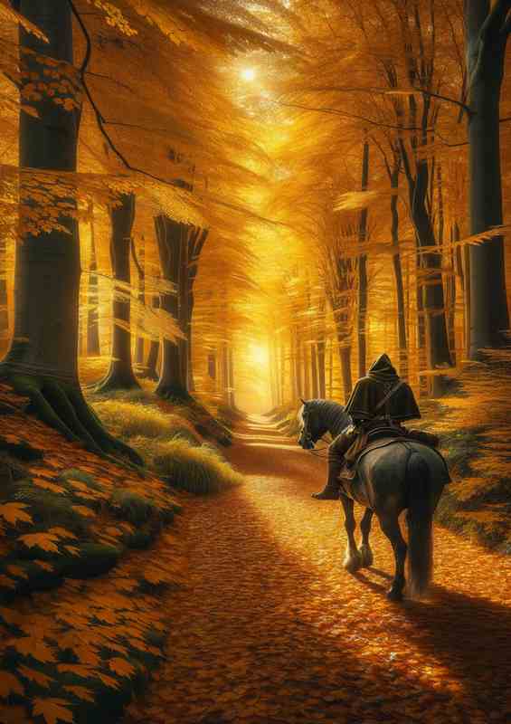 Golden Maple Path Journey Horse Metal Poster