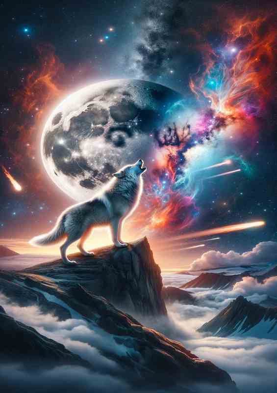 Lunar Wolf Howling at Cosmic Phenomena | Metal Poster