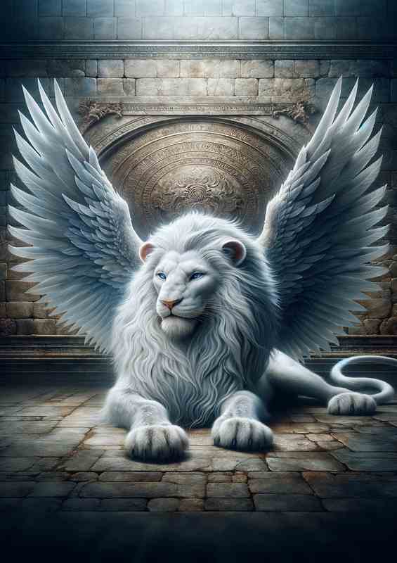 Majestic Mythical White Winged Lion | Metal Poster