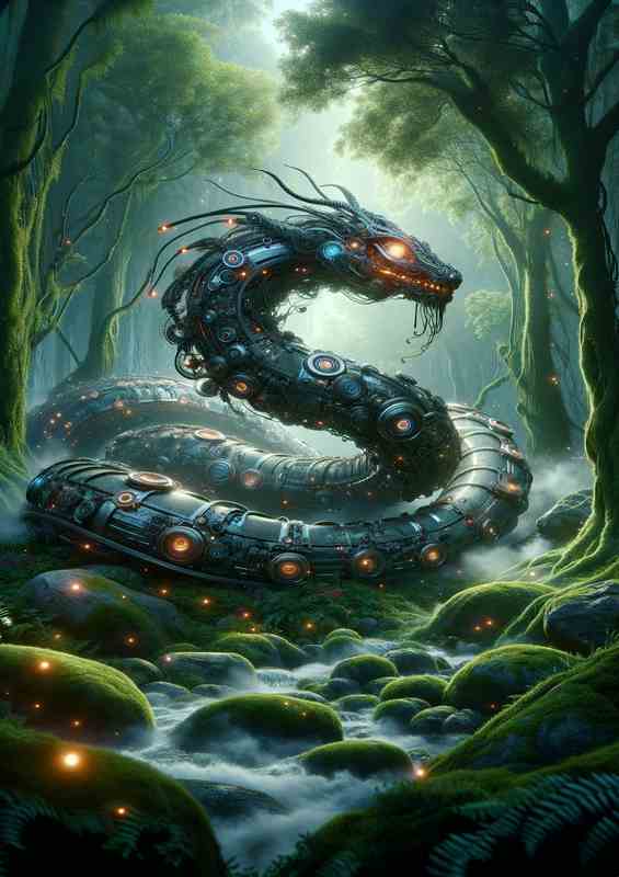 Mechanical Serpent in Mystic Forest | Metal Poster