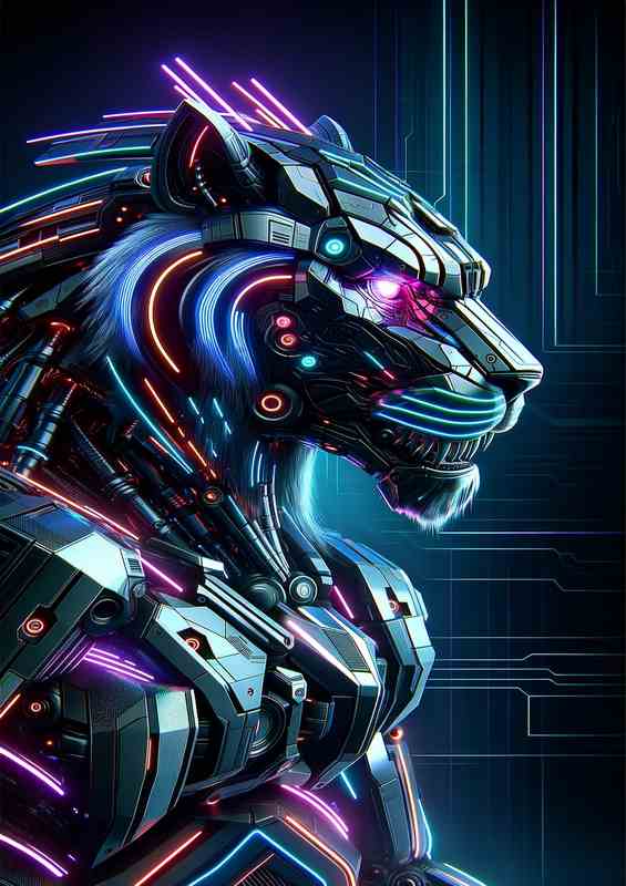 Mechanical Tiger with Neon Accents | Metal Poster