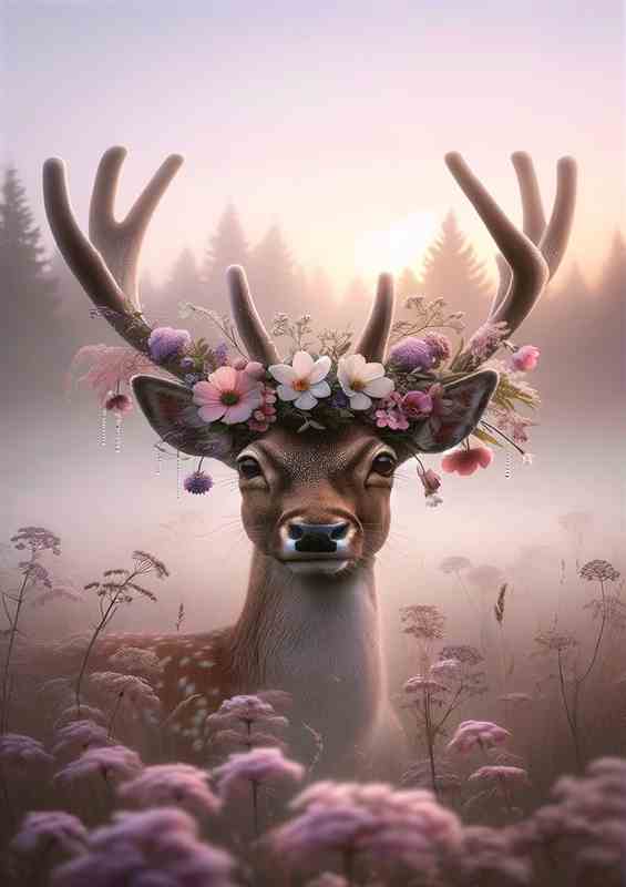 Misty Dawn A Deer in a Flower Crown gazing softly | Metal Poster