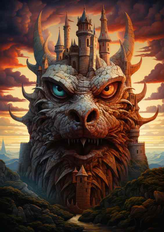 Viking dragon landed at dusk above a castle | Metal Poster