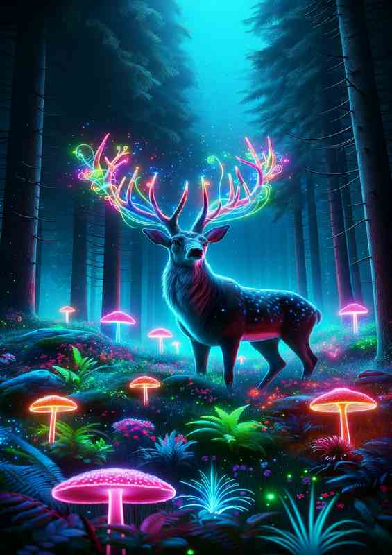 Neon Forest Guardian Stag Metal Poster