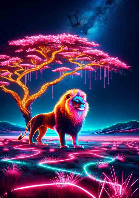 Neon Savannah Sovereign Lion | Glowing Neon Lights Metal Poster