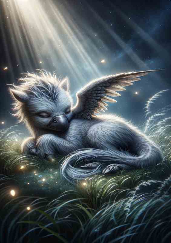 Snoozing Baby Hippogriff in a Moonlit Glade | Metal Poster