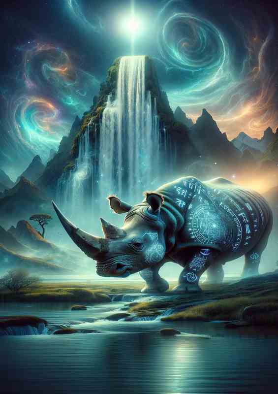 Spiritual Rhino Reverie in a mystical setting | Metal Poster