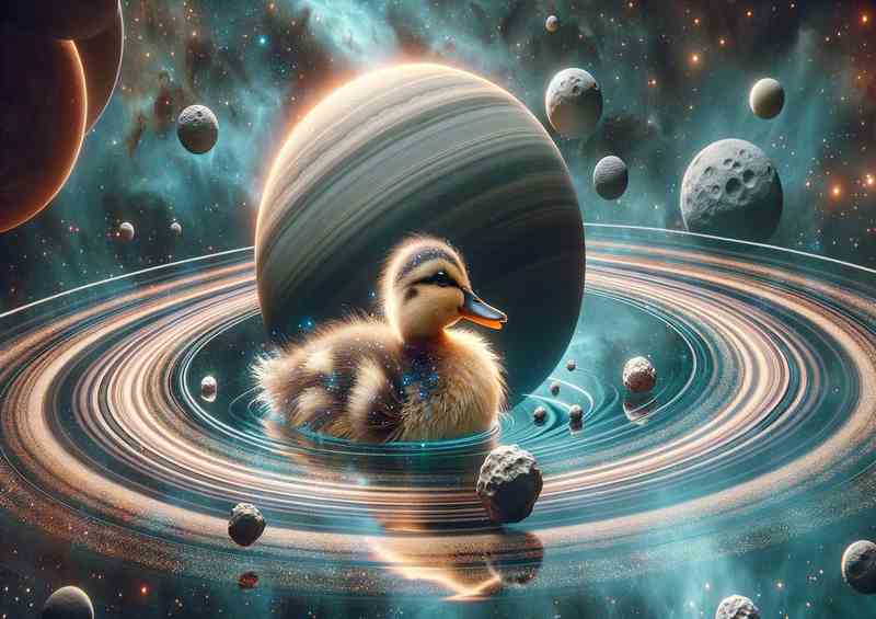 Galactic Duckling Swimming in a Planets Rings | Metal Poster