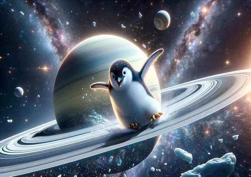 Interstellar Penguin Sliding on Saturns Rings | Metal Poster