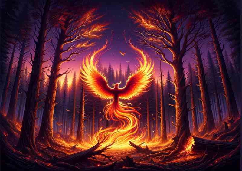 Phoenix Rebirth in a twilight forest | Metal Poster