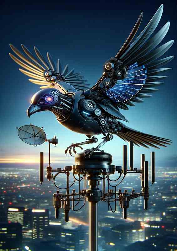 Automated Avian Messenger mechanical bird perched | Metal Poster