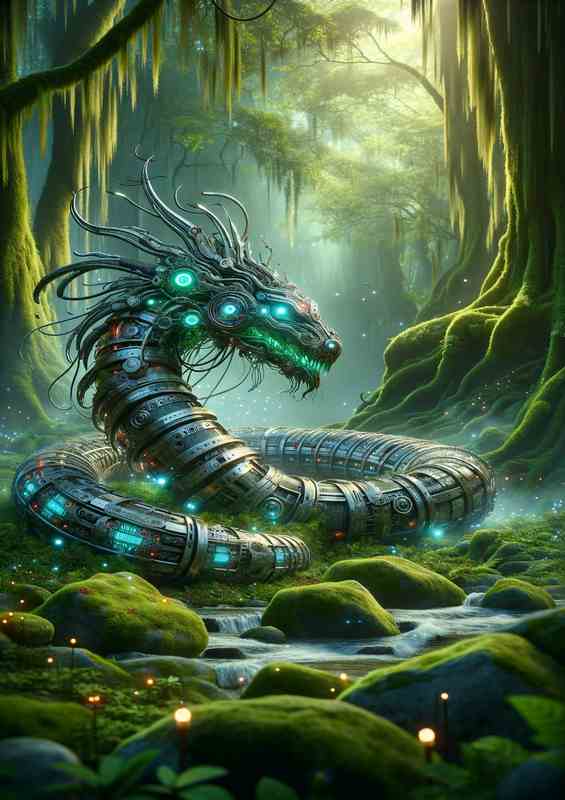 Captivating Mechanical Serpent in Mystic Forest | Metal Poster