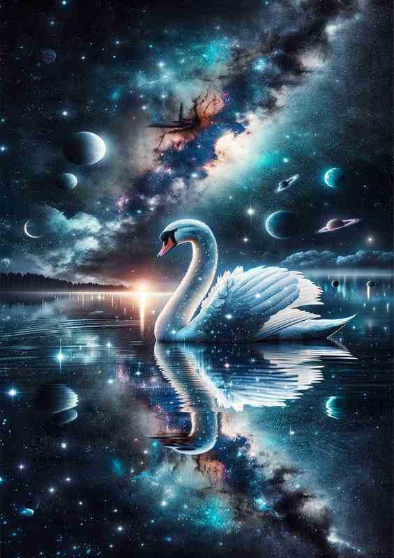 Celestial Swan gliding on a cosmic lake | Metal Poster