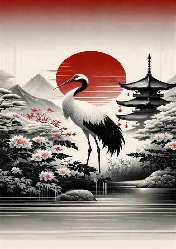 Elegant Crane Traditional Asian Art Redefined | Metal Poster
