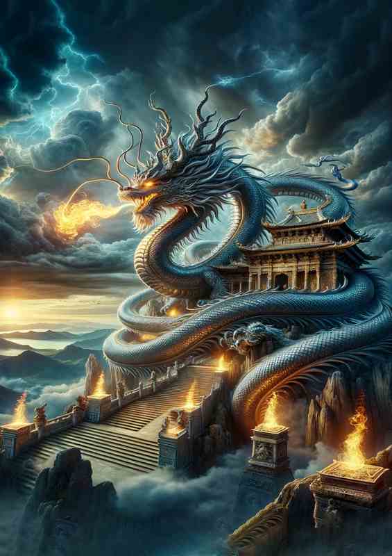 Epic Celestial Dragon Guarding Ancient Temple | Metal Poster