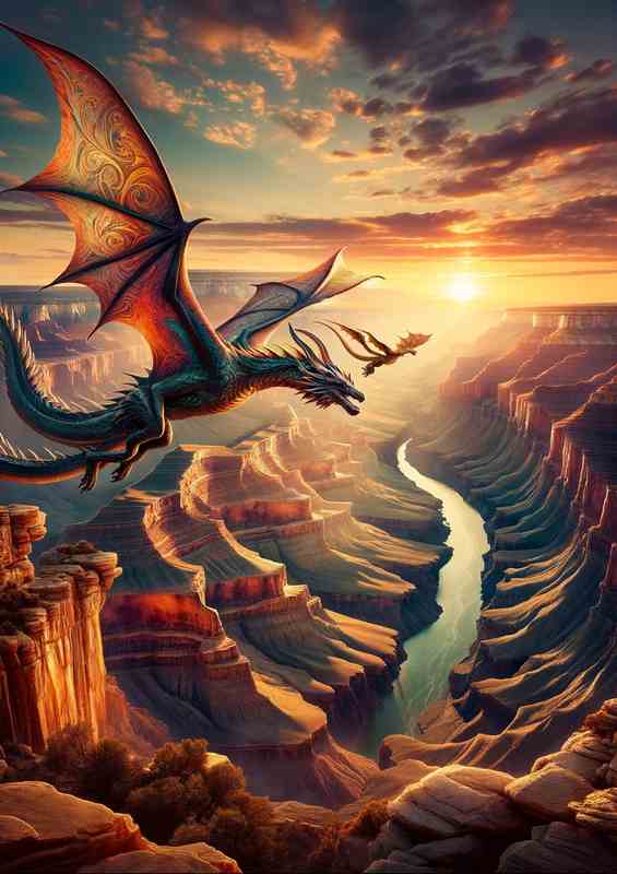 Majestic Canyon Dragons soar above a grand canyon | Metal Poster
