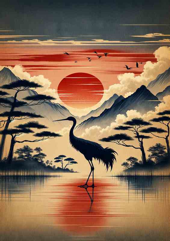 Majestic Crane Silhouette Asian Sunrise | Metal Poster