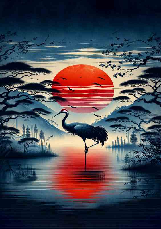 Majestic Crane Silhouette Asian Sunrise Elegance | Metal Poster