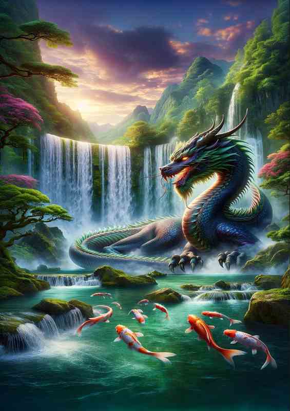Majestic Dragon Falls Metal Poster