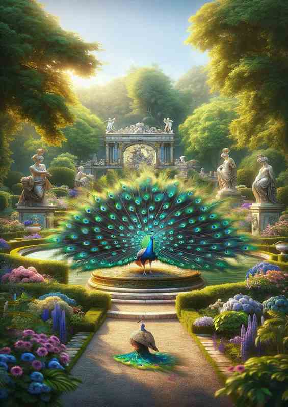 Majestic Peacock Garden | Feathered Metal Poster