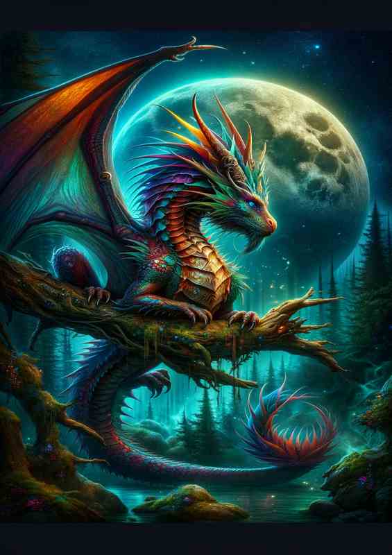 Mystical Dragon Perched in Moonlit Realm | Metal Poster