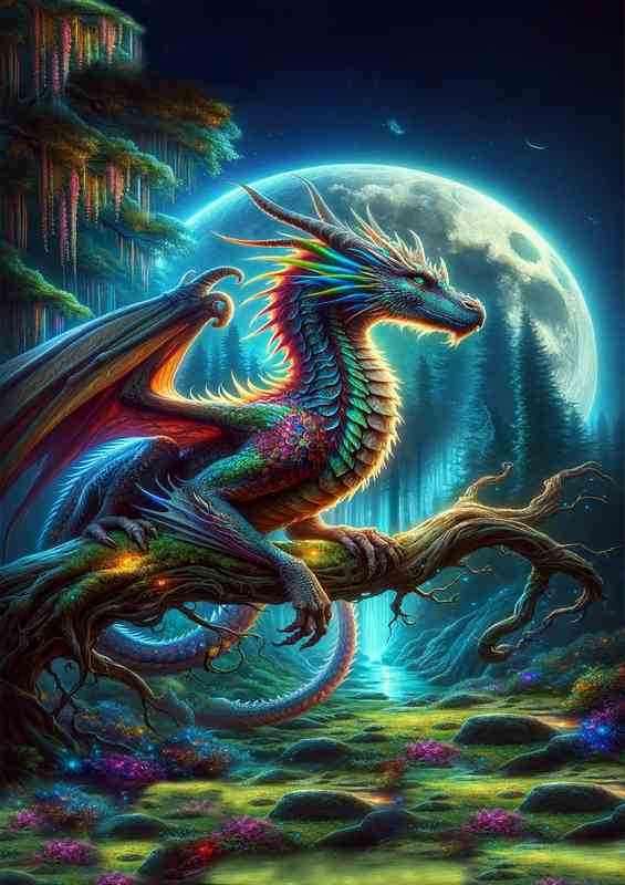 Mystical Dragon Perched in Moonlit sky at night | Metal Poster