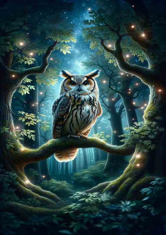 Mystical Owl Wisdom perched within an enchanted forest | Metal Poster