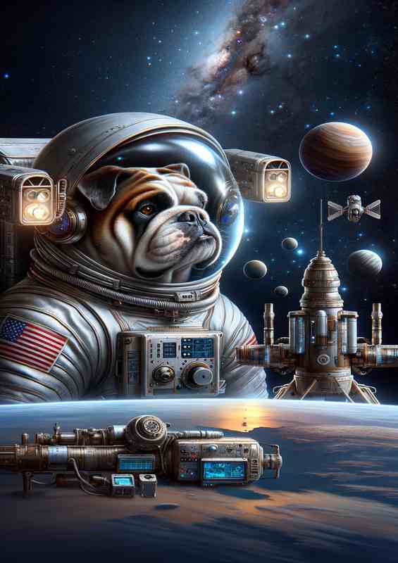 Astronaut Bulldog Surveying Distant Planets | Metal Poster