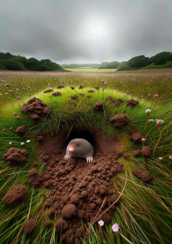 Moles Underground burrow amidst a grassy British meadow | Metal Poster
