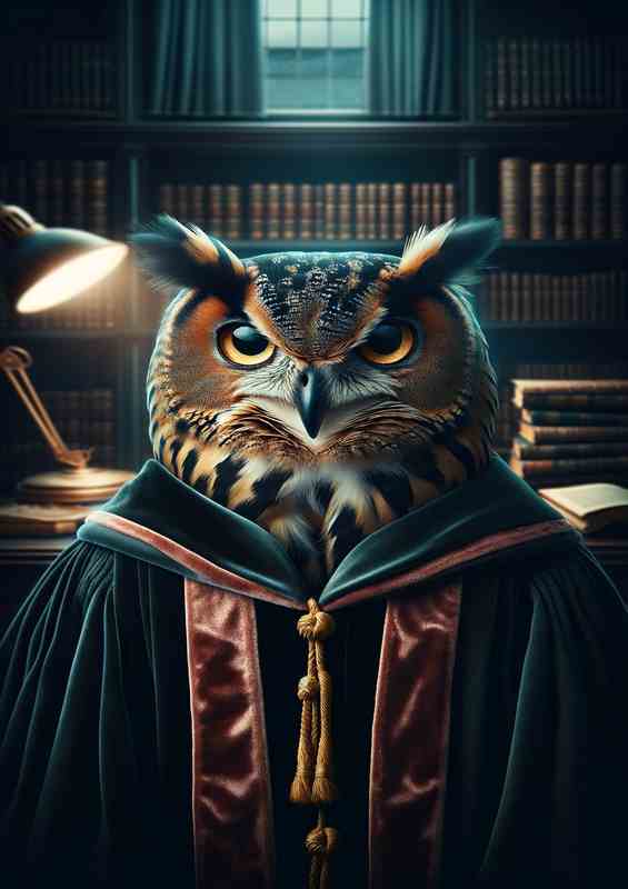 Enigmatic Owl Scholar in Academic Robes | Metal Poster