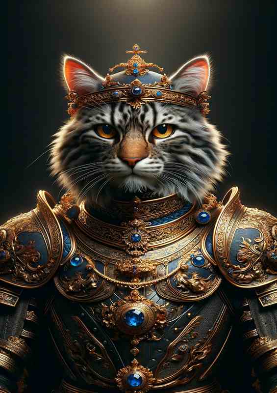 Feline Monarch in Ornate Armor cat with a crown | Metal Poster