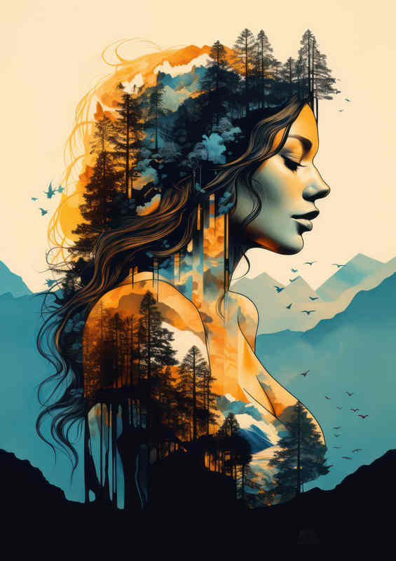Beautiful woman silhouettes trees and mountas art style | Metal Poster