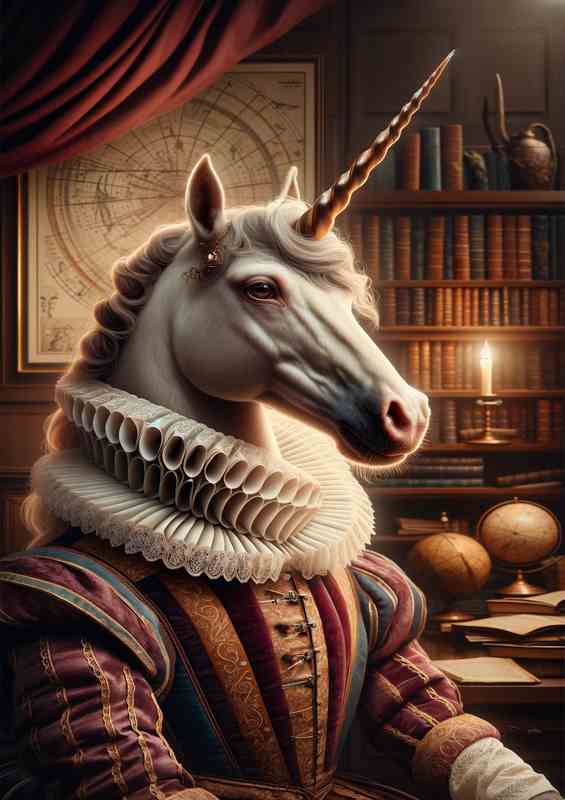 Noble Unicorn Scholar in Renaissance Garb | Metal Poster
