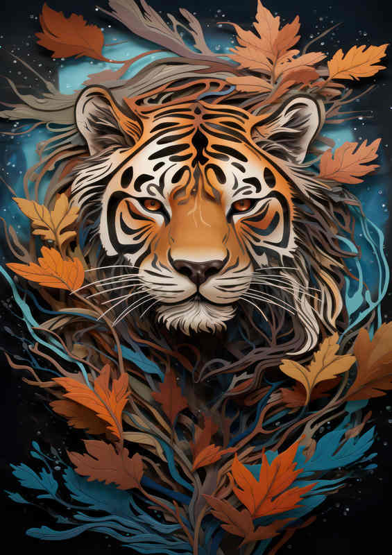 Tiger Art Roots Mountain Leaves Metal Poster