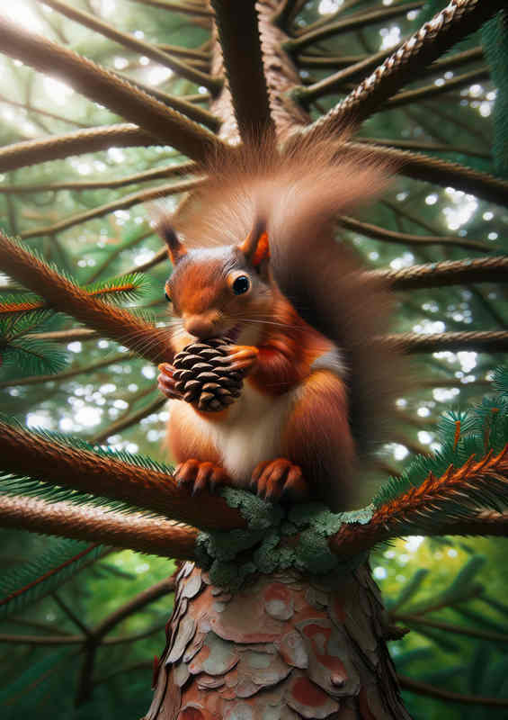 Squirrel Treetop Feast in Pine Tree | Metal Poster