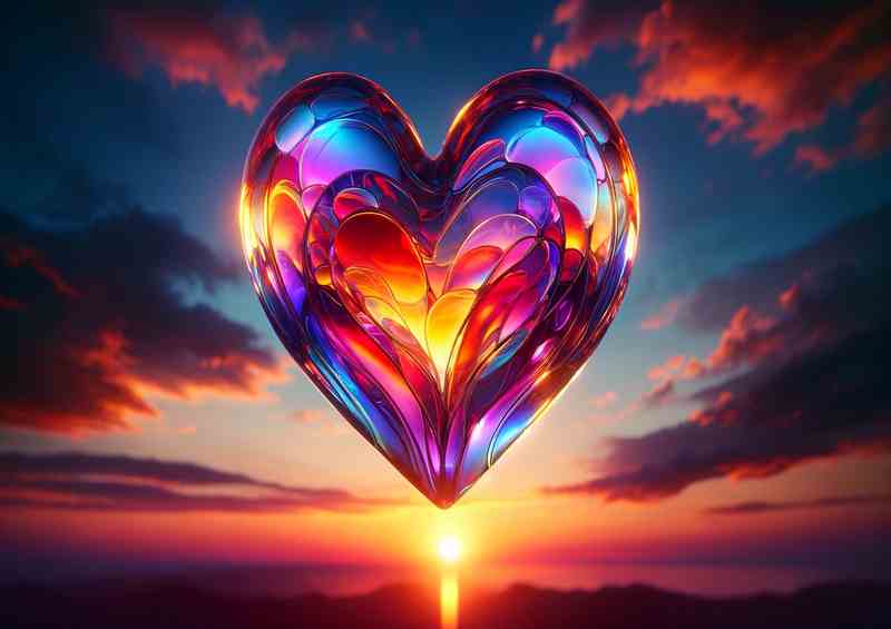 Colorful Glass Heart Sunset Silhouette Art | Metal Poster