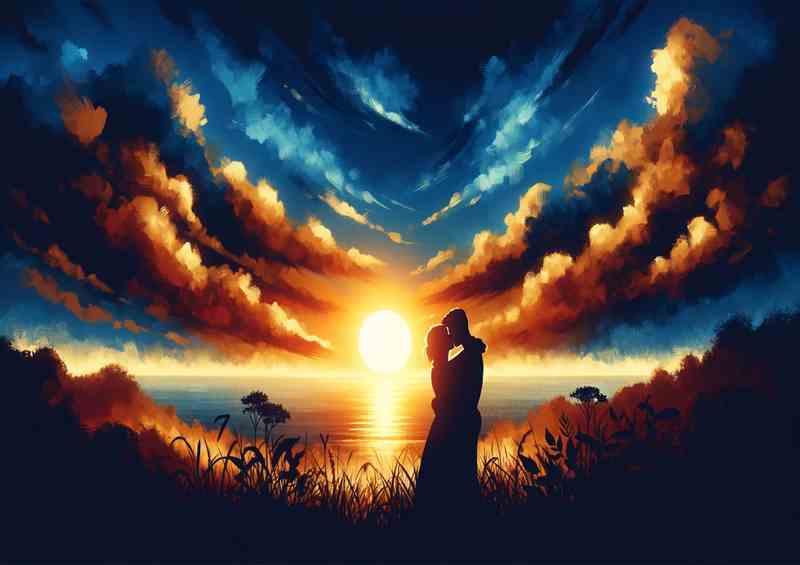 Embracing Couple Sunset Silhouette Love Painting | Metal Poster