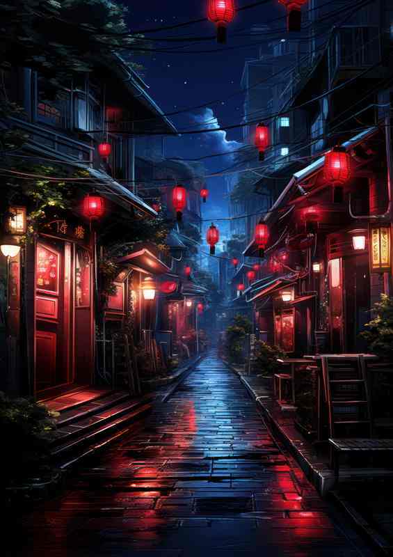 Japan street view lanterns at night | Metal Poster