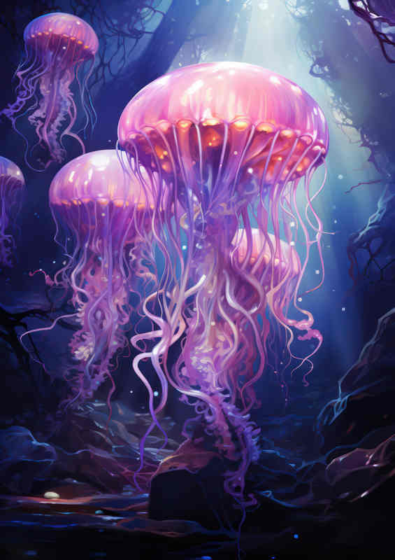 A Group Of Jellyfish In The Depths Of The Sea | Metal Poster