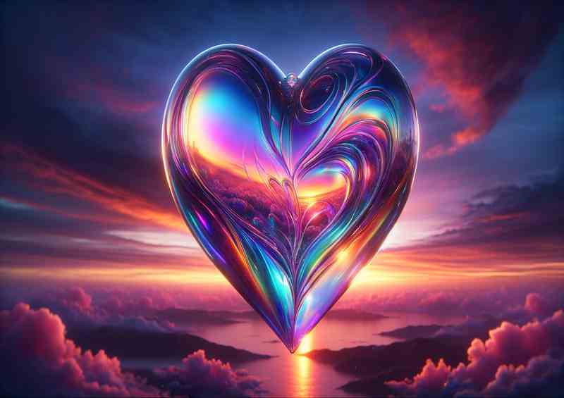 Iridescent Glass Heart Against Sunset Vista | Metal Poster