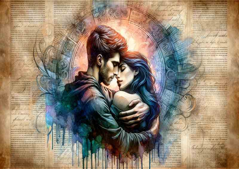 Lovers Romantic Embrace Watercolor Newspaper Background | Metal Poster