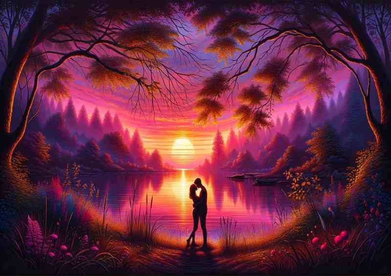 Lovers Silhouette Romantic Scenic by the lake | Metal Poster