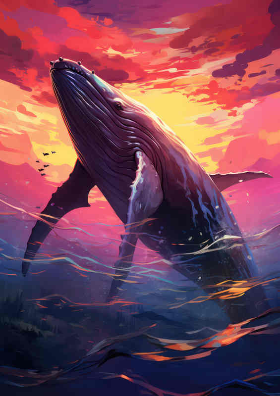Blue Whale In The Ocean At Sunest | Metal Poster