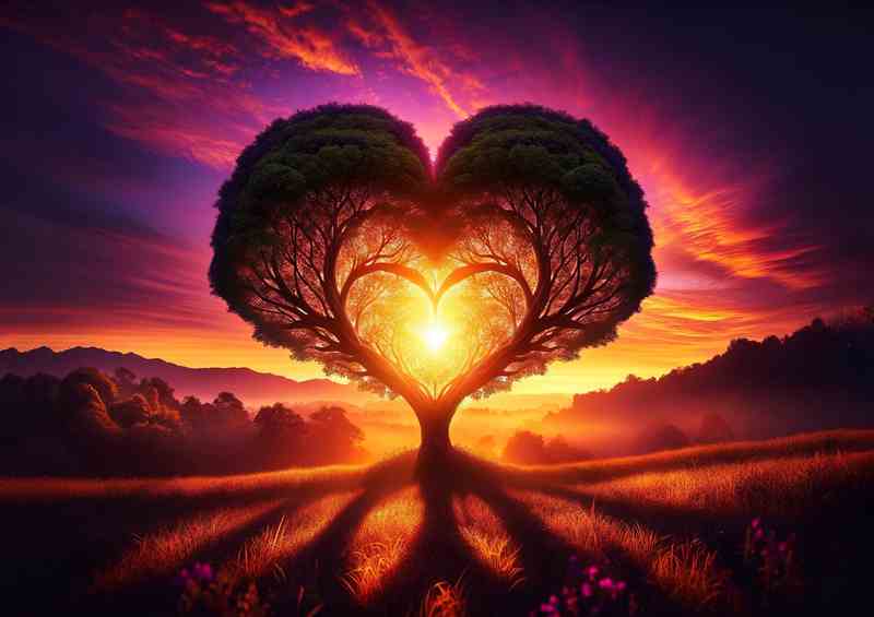 Sunset Silhouette Heart Tree Romance Scenery | Metal Poster