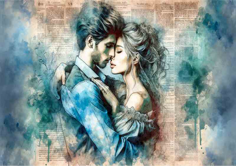 The Romantic Embrace Watercolor Newspaper Background | Metal Poster