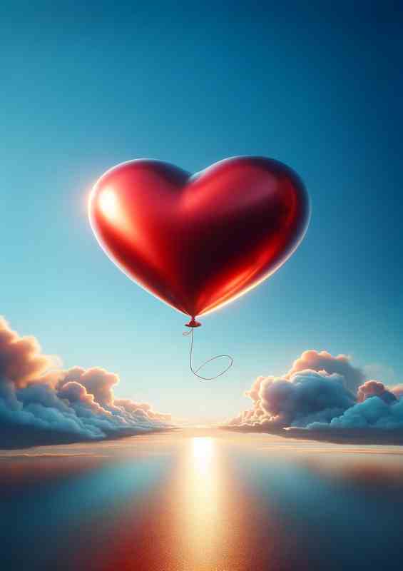 Love Ascends Red Heart Balloon Sky | Metal Poster